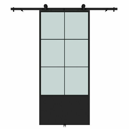 RENIN Broadway Frosted Glass Metal Barn Door with Installation Hardware Kit 37 in. KMCTBWF-37BL